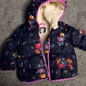 GAP Kids 2T Navy Floral Puffer Jacket with Pink ish purple Trim